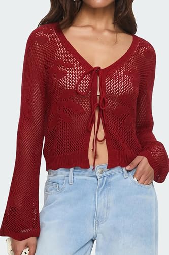 Image of Balimtoy Women Tie Front Cardigan Crochet Sweater Crop Tops Cute Bell Long Sleeve Knit Shrug Beach Vacation Cover Up
