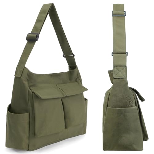 TIAASTAP Kuriertasche aus Leinenstoff, Vintage Canvas Messenger Bag für Studenten, Große Kapazität Hobo Crossbody Bag Umhängetasche Freizeittasche mit mehreren Innenfächern, Grün