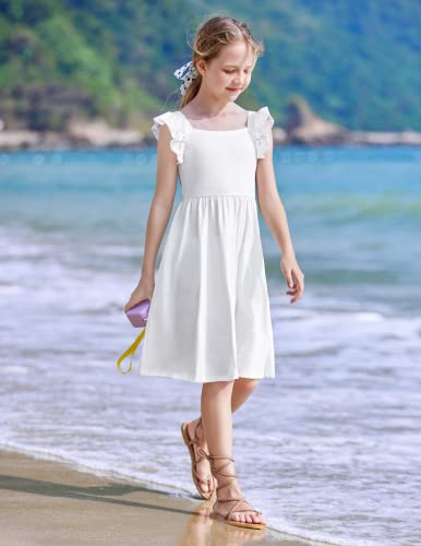 Arshiner Girls Summer Dresses Square Neck Ruffle Sleeve Tie Back A-Line Swing Casual Midi Dress with Pockets2