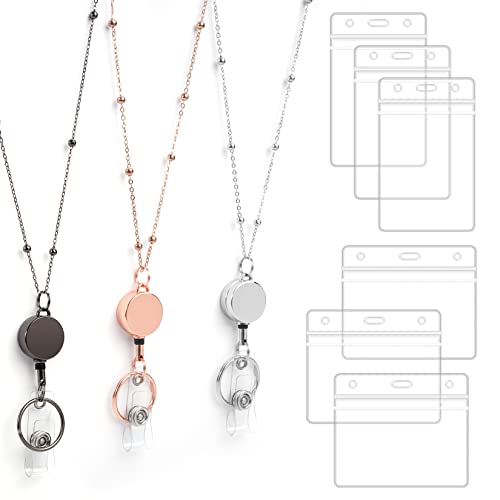 3 PCS Lanyards for ID Badges for women with 6 Waterproof ID Badge Holder, Badge Reel and Name Badge Holder with Clip, Metal Chain Black Silver Rose Gold Badge Reels Retractable Necklace ID Lanyards for Women
