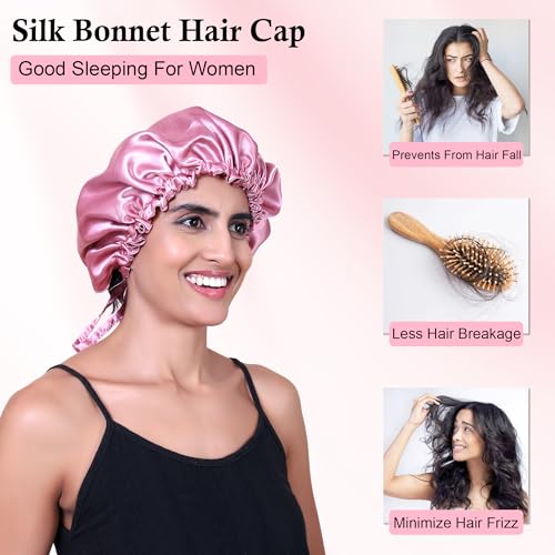 Image of GLUN Hair Protector Bonnet Cap with 3 Scrunchies Combo, Pack of 1 Rose Pink Colour, Prevents Hair Breakage, Frizz Control and Moisture Retention, Ideal for Curly & Natural Hair