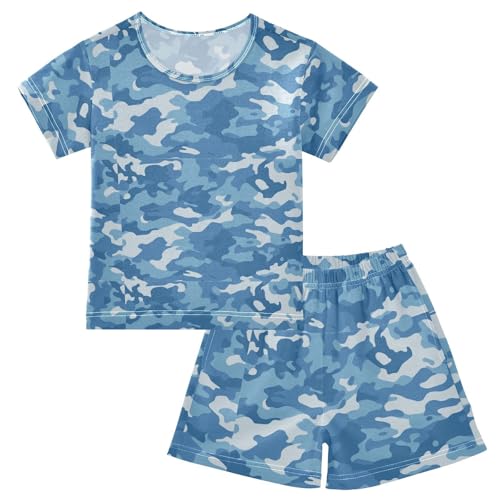 Pajama Short Sets Blue Military Camouflage Soft Cotton Summer Sleepwear 2 Piece PJS Size 5-14T