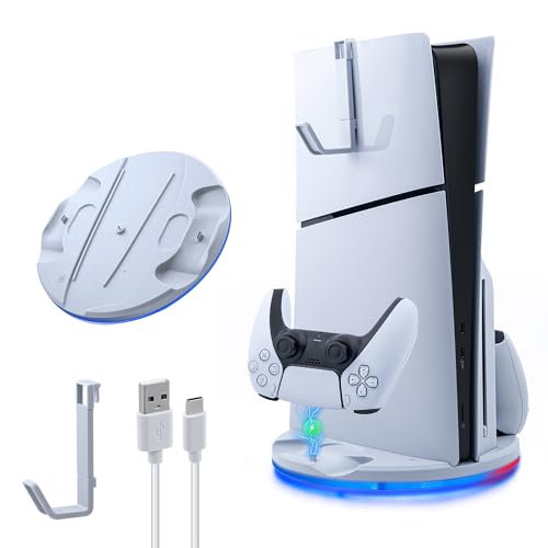 Mcbazel Soporte Vertical PS5 Slim con Luz Ambiental LED, Base de Carga Rápida para Dos Controladores con Accesorios Gancho Auriculares para Playstation 5 Slim DE/UHD Consola - Blanco