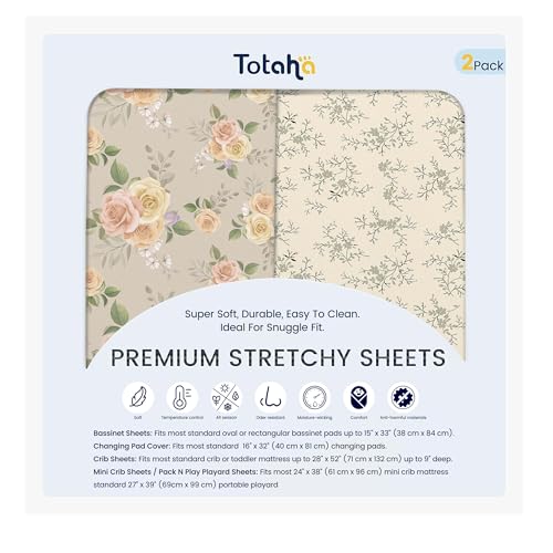 TotAha Crib Sheets for Boy Girl, Premium Soft Fitted Crib Mattress Sheet, Super Stretchy Jersey Knit Baby Bed Sheets, 28x52x9 Extra Deep Pocket, 2 Pack (Vintage Rose & Brunch)