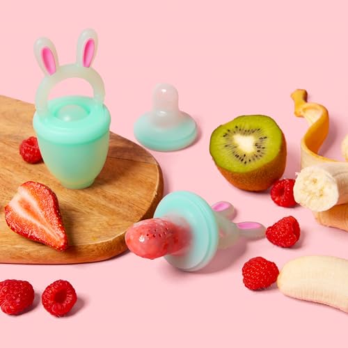 Image of Vesta Baby Fruit Feeder - 2 Sizes Soft Silicone Freezable Fresh Food Nibbler for Safe Infant Self Feeding - Solid Foods Weaning Pacifier & Teether Set - Bunny Teething Relief Toy for Babies 4M+