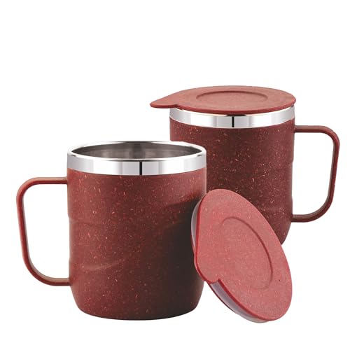 Image of ATTRO Brew Mug-Set of 2 - 300ml Stainless Steel Inner with eco Friendly Outer Body, Durable Stylish, Microwave Safe Coffee & Tea Mug with Handle & Lid, Perfect for Home, Office, Travel-Crimson Red