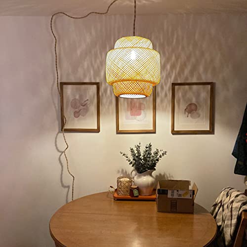Bamboo Plug In Pendant Light, Rattan Hanging Lamp With 14Ft Hemp Cord Basket Lamp Shade, Dimmable Switch, Boho Wicker Hanging Light Fixtures For Living Room Bedroom Kitchen, D11.8'' X H13.8'' #TOP3