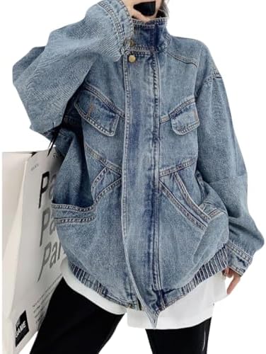 chouyatou Women's Oversized Stand Collar Shacket Jean Jacket Zip ...