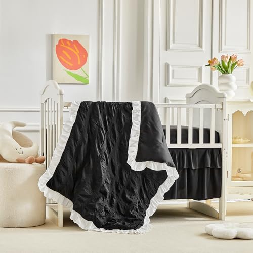 Image of Ruffled Crib Bedding Set Baby Boho Quilted Comforter with Fitted Sheet and Bed Skirt - Cute Soft Breathable Seersucker Ruffled Shabby Chic Bedding Soft Blanket Design - Black