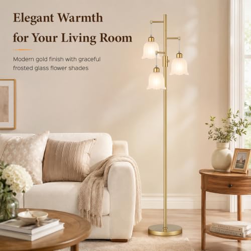 Image of Dimmable Floor Lamp, 3 x 900LM Edison Bulbs Included, Modern Gold Tree Standing Lamp with Elegant Frosted Glass Flower Shade 3 Light Vintage Floor Lamp for Living Room, Bedroom, Office