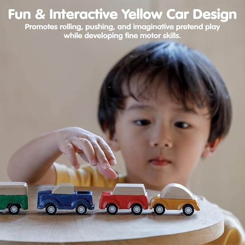 Image of PlanToys Yellow Car Wooden Montessori Vehicle Kids Indoor Outdoor Play Toy | rolling wheels, toy cars, toddler car, girls, boys, imaginative early movement, practical life fine motor gift preschool