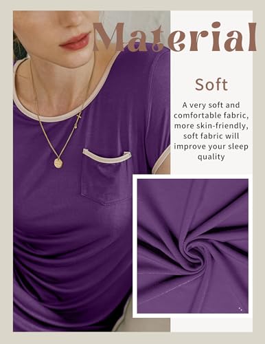 Image of Ekouaer Womens Nightgown Sleep Shirt Dress Satin Patchwork Short Sleeve Sleepwear with Pocket