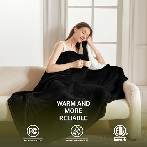 Heat Blanket 72”x84” Full Size,Soft Flannel & Sherpa Reversible Electric Blanket with 10 Heat Settings,12 Timer Setting and 8 Hours Auto-Shut Off,ETL Certified Machine Washable,Black