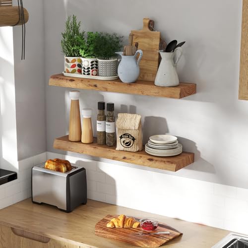 Image of Fun Memories 30 inch Wall Mounted Floating Shelves, Natural Elm Wood, 2 Pack
