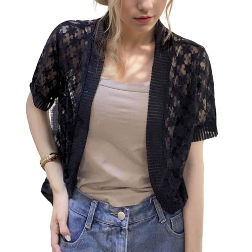 Image of FindThy Women's Cropped Bolero Shrugs Short Sleeve Open Front Floral Lace Hollow Out Cardigan Jacket