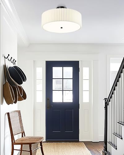 Image of Semi Flush Mount Ceiling Lights, 4-Light 18 inch Matte Black Ceiling Light Fixture with White Pleated Fabric Shade, Drum Lamp for Nursery Hallway Bedroom Kitchen, AD-25036-4SF-BK