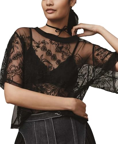 Aimiray Women's Sexy Lace Tops Short Sleeve Round Neck Mesh 3D Printed Floral Sheer Blouse See Through Layering Shirt Tops(Black-XL)