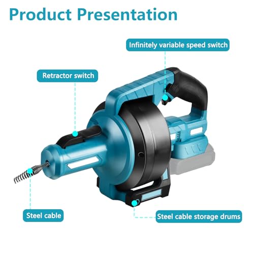 Cordless Drain Cleaner Compatible with Makita 21V Battery, 7m Pipe Cleaning Spiral Electric Pipe Cleaner with Towel and Gloves for Ø20-85 mm Pipes(Without Battery) 2 Cordless Drain Cleaner Compatible with Makita 21V Battery, 7m Pipe Cleaning Spiral Electric Pipe Cleaner with Towel and Gloves for Ø20-85 mm Pipes(Without Battery) - Image 2