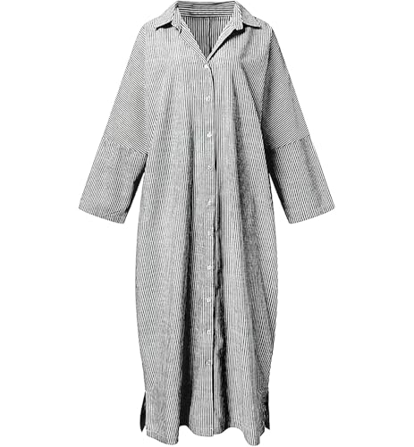 Image of ebossy Women's Casual Stripes Buttoned Long Sleeve Oversized Loose Fit Maxi Shirt Dress Plus Size