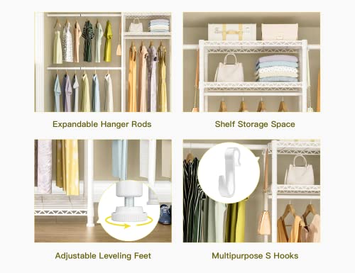 Ulif M3 Clothes Rack Closet Organizer And Storage System 3 Tiers Built-In Wall Mounted Heavy Duty Garment Rack With 4 Expandable Hanger Rods, Fits Space 4.1-9.3 Ft, 72.2”H, Load Capacity 710Lbs, White #TOP4