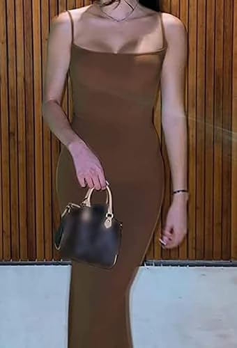 Women's Sensual Casual Maxi Dress, Sleeveless Backless Fitted Style, Brown-1, S - Image 4