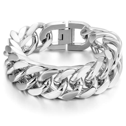 AFSTALR Bracelet Homme Argent Gourmette Acier Inoxydable Chunky Chaîne Cubaine 17mm Bracelets Personnalisable Bijoux Cadeau 22cm