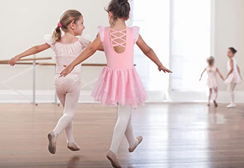 Image of MOLLDAN Girls Dance Leotards for Ballet Dress Shiny Skirt Ruffle Sleeve Crisscross Back