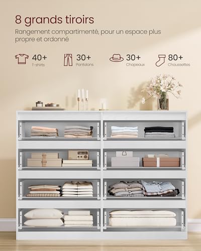 Commode Kailyn 8 tiroirs Blanc Neige anti-basculement VASAGLE