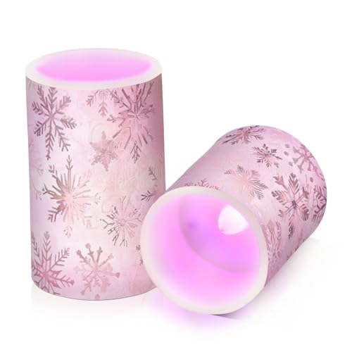 Image of Christmas Lights Flameless Candles Seamless Pattern Rose Gold Snowflakes Pillar Candles Set of 2 Battery Operated Remote Control Warm Lights Home Decor