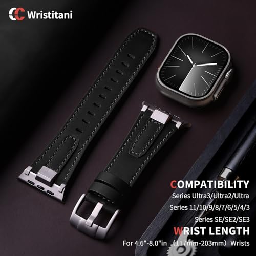 Image of Wristitani Leather Bands Compatible with Apple Watch Band 49mm 46mm 45mm 44mm for Men, Metal Connector & Genuine Leather Straps for iWatch Ultra3 /2 /1 SE3 /2 /1 Series 11 10 9 8 7 6 5 4 [NO Watch and Case]