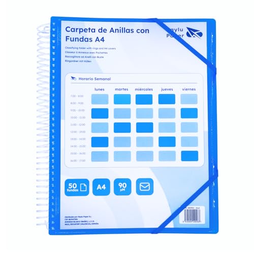 Raylu Paper® – Carpeta clasificadora con anillas con fundas transparentes A4 de 90 micras y sobre con cierre de velcro, tapa personalizable. Carpeta de fundas 100 % biodegradable. (50 Fundas, Azul)