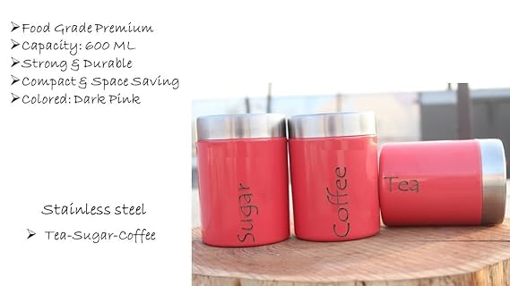 Image of Tea Sugar Containers Set of 2 - Steel Container for Storage - Tea Sugar Jar (Tea Sugar coffee pink)