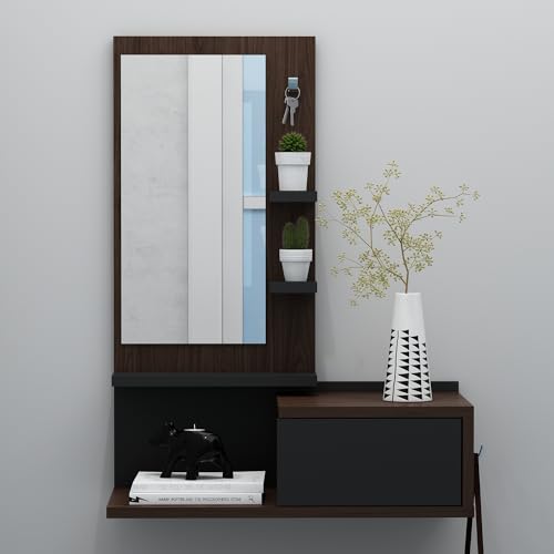 HOMIDEA ENKI Mobili ingresso sospesi - Mobile da corridoio - Armadietto a specchio - Pensile per ingresso con cassetto, specchio e mensola in stile moderno (noce/nero)