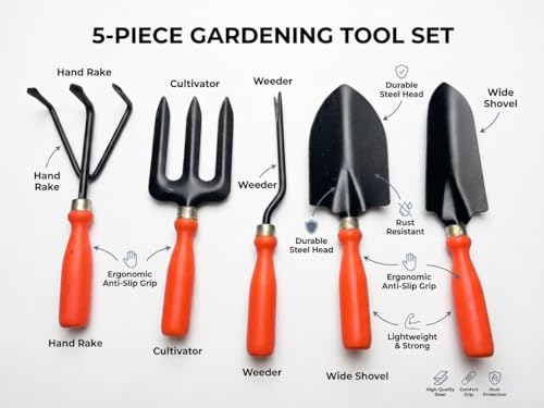 Image of Ocean Mart Gardening Hand Tools Set - 5 Pieces (Cultivator, Big and Small Trowel, Weeder, Fork) | Tools for Home Garden | Durable Plant Tool Kit | Farming Tools