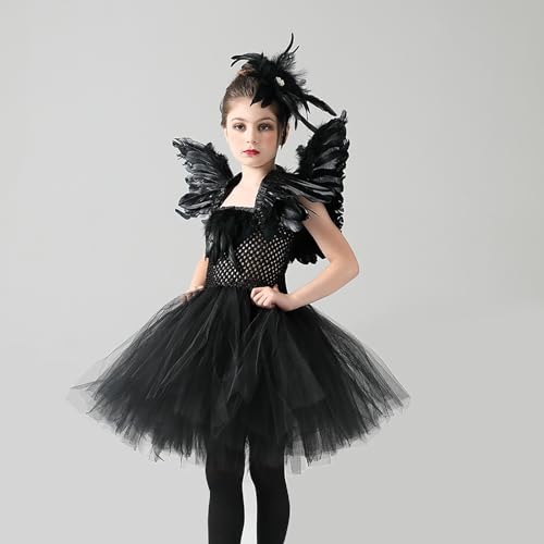 Kids Girls Black Swan Dress Outfits Tutu Ballet Skirt Dress with Wings Hair Clips Toddler Holiday Outfits Clothes4