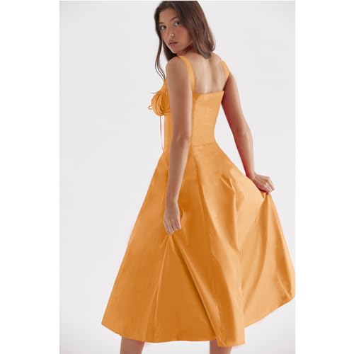 Image of Floral Corset Midi Dress Square Neck A Line Dress with Slit | Square neck floral midi dress with front tie bust wide straps A-line skirt side slit and lightweight fabric