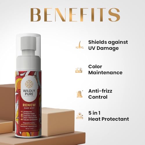 Image of Wildly Pure Renew 5 in 1 Heat Protection Spray Mist with Polypeptides & Hyaluronic Acid | Heat Protection, UV Protection, Frizz Control & Color Protection | Sulphate & Paraben Free | 100 ml (Renew Hair Mist)