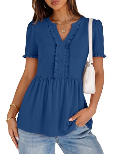 MEROKEETY Women's Summer Peplum Tunic Blouse 2026 Babydoll Tops Ruffle Short Sleeve V Neck Casual Loose T Shirts, Darkblue, Medium