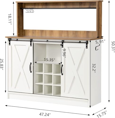 4ever2buy-Farmhouse-Coffee-Bar-Cabinet-with-9-Wine-Racks-and-6-Hooks-47-Inch-Coffee-Bar-Cabinet-with-Storage-White-Kitchen-Coffee-Cabinet-with-Hutch-and-Sliding-Barn-Door-for-Living-Dining-Room 4ever2buy Farmhouse Coffee Bar Cabinet with 9 Wine Racks and 6 Hooks 47 Inch Coffee Bar Cabinet with Storage White Kitchen Coffee Cabinet with Hutch and Sliding Barn Door for Living Dining Room