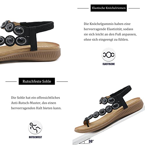 ZOEASHLEY Sandały damskie ze strasu, płaskie sandały, na lato, otwarte palce, japonki, japonki w stylu boho, Schwarz28, 39 EU