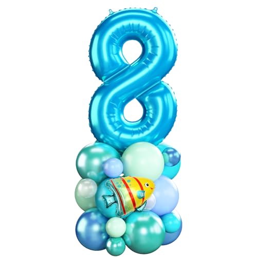 Image of 40 Inch Blue Number 8 Balloon Ocean Under the Sea Number Eight Foil Balloons Tower with Shark Bubble Fish for Boys 8th Birthday Party Decor Blue Green Underwater Digital Aluminum Balloons Stack