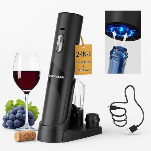 2 in 1 Rechargeable Electric Corkscrew Set with Vacuum Pump, Foil Cutter, Aerator, Pourer and Wine Stoppers | Automatic Corkscrew with Charging Base &...