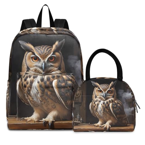 Backpack Lunch Bag Set Owl on Desk Print, Big Storage Travel Backpacks with Insulated Lunch Box for Office Hiking Picnic