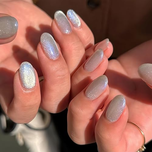 THCEVRLA ネイルチップ - 白 オーバル 手作りネイルチップ ショートク，キャッツアイ マグネット おしゃれ 付け爪ゲル化，ツールキットが付属しています，24枚入（Amazon）