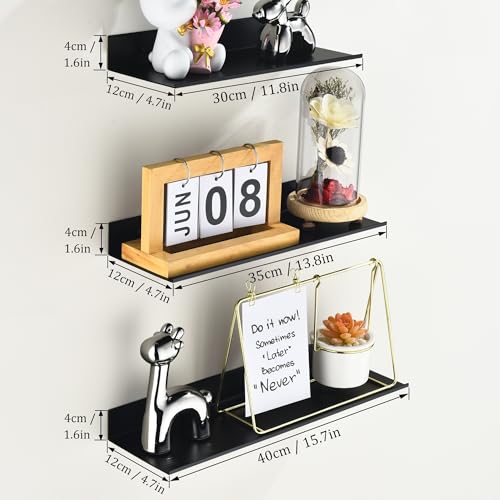 Wisfame Wandregal Metall 3er Set, Schweberegal Schwarz Ohne Bohren, Badezimmer Regal Duschablage Wasserdicht, Modern Wandboard für Dekos Regalbrett für Wohnzimmer, Küche, Arbeitszimmer