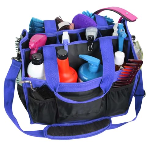 Country Pride Nylon Grooming Tote for Horses, Durable Mesh Bottom, Large Interior Compartments for Sprays and Bottles, Exterior Elastic Pockets, Detachable Padded Shoulder Strap,14"x12"x9" (Blue)