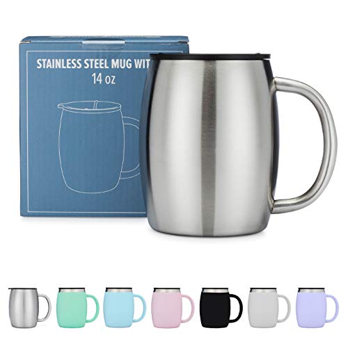 Stainless Steel Coffee Mug with Lid - 14 Oz Double Walled Insulated Coffee