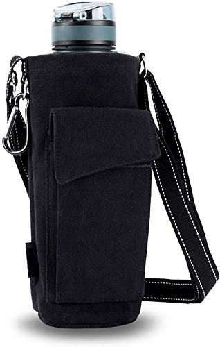 POPRUN Water Bottle Holder for Walking, 50oz Water Bottle Carrier Pouch Bag with Adjustable Shoulder/Hand Strap 2 Pockets for Biking/Hiking/Travel/Camping, Black