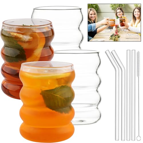 Mezzar Gerippte Trinkgläser mit Glasstrohhalmen, 4 Stück 350ML Cocktailgläser Eiskaffee Gläser, Geeignet Für Lattes Tee Soda Wasser