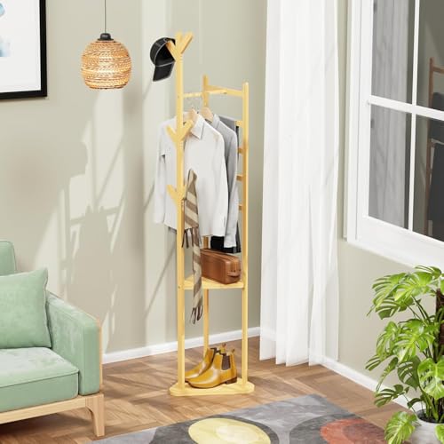 Image of Lukzer Triangular Coat Rack | Multifunctional Bamboo Wooden Coat & Garment Stand with 2 Shelves | Aesthetic Floor Corner Hanger | 6 Hooks for Hanging Coats, Jackets, Hats & Shoes (39x39x166 cm) CH-035